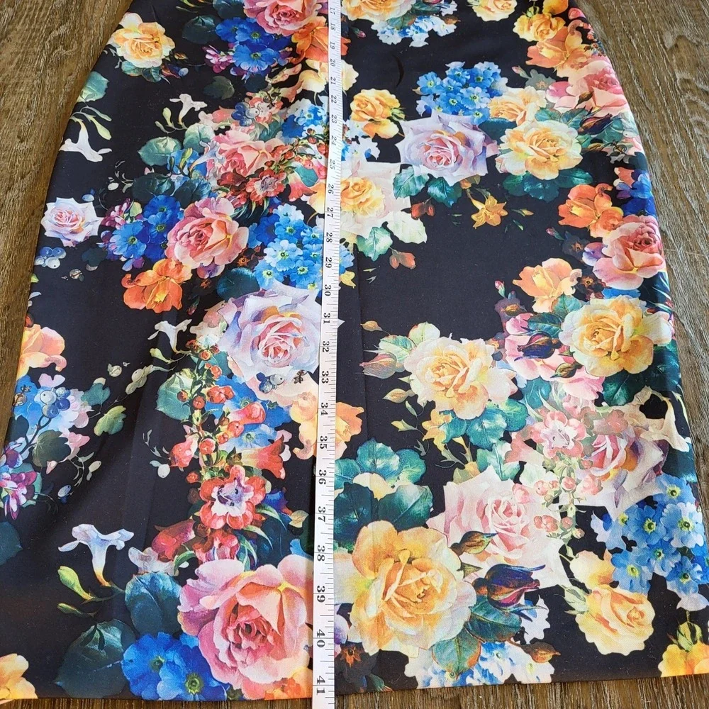 New York & Company Floral Sheath Dress Womens L Black Pink Yellow Stretch Knee